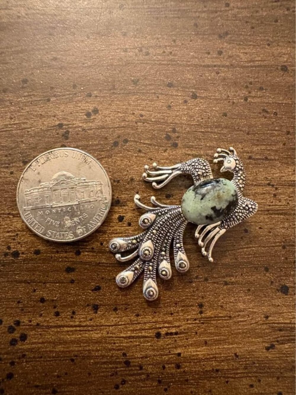 925 Sterling Silver Marcasite Peacock Pendant with Green Gemstone